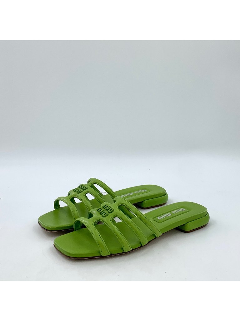 Miu Miu Green Logo Cut-Out Flat Slide Sandals